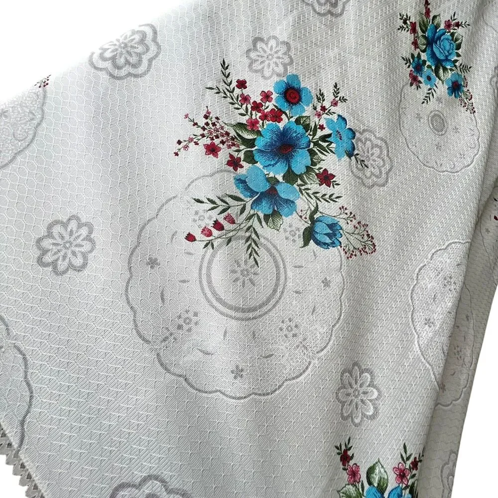 VTG Blue Floral Lace Trim Tablecloth Baroque Texture Satin 62x90” Rectangle Boho